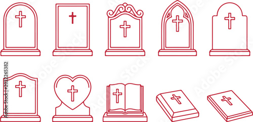 Foto Set of tombstone and gravestone icons with crosses and books representing religion and memorial