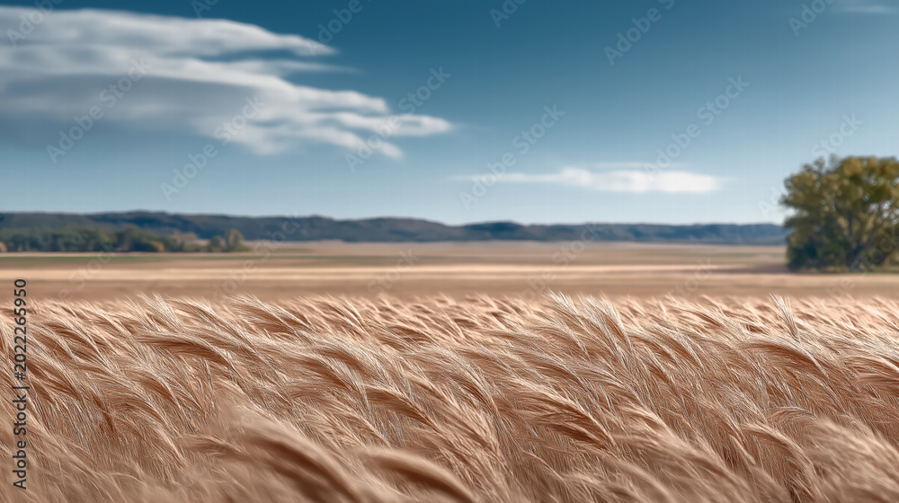 Fototapeta premium Wide open field with tall grass swaying in the wind under a clear blue sky, peaceful and serene landscape with space for an overlay quote