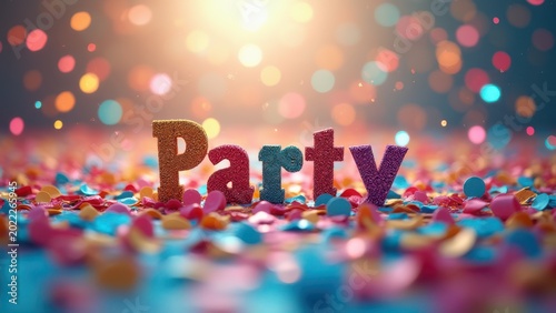 party text on colorful confetti celebration background