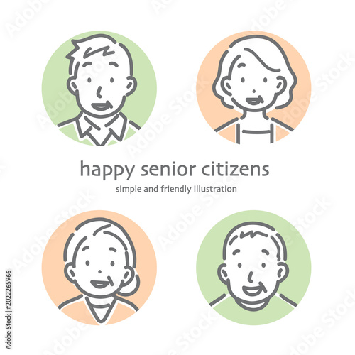 Icon-style avatar set of smiling senior women and senior men; simple and stylish line art illustrations.