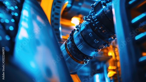 Advanced machinery showcasing intricate metal components, glowing with energetic blue light and warm orange tones, creating a dynamic industrial and futuristic concept
