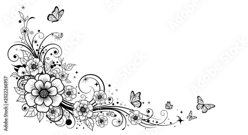 Ornate black and white floral corner design with intricate flowers, leaves, butterflies, and sparkling stars for elegant borders.