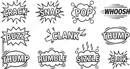Konstfotografi Collection of comic book sound effects words like crack snap pop whoosh buzz clank thump rumble sizzle click