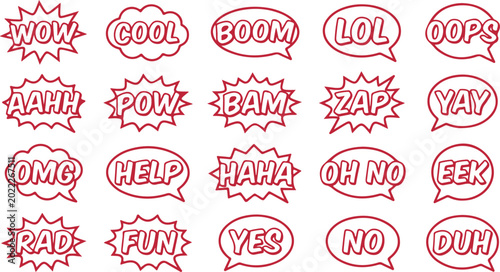 Photos Collection of comic book exclamation words like wow cool boom lol oops aahh pow bam zap yay omg help haha