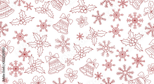 Seamless christmas pattern featuring red sketches of bells and snowflakes and holly leaves for holiday gift wrapping and textile design.
