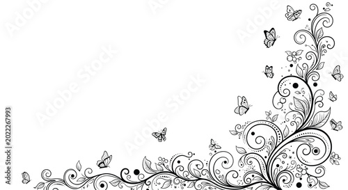 Intricate black floral corner flourish with delicate swirls and several small butterflies for elegant monochrome stationery designs.