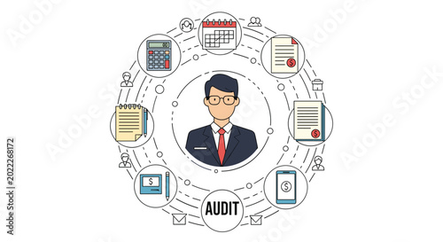 Financial audit concept showing accountant surrounded by icons of calculator and documents and reports for business data analysis.