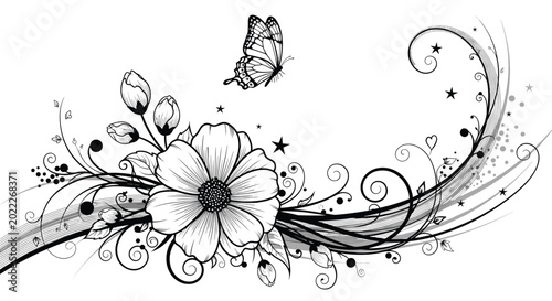 Elegant black and white floral line art composition with a detailed butterfly surrounded by swirly vines and tiny stars.