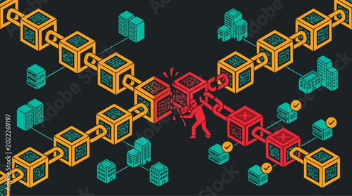 Blockchain Security Vulnerability Depicted by Hacker Attacking Digital Ledger Blocks Illustrating Data Disruption