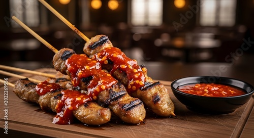 Delicious grilled skewers generously topped with vibrant red chili sauce, served on a rustic wooden board in a warm restaurant ambiance, perfect for a gourmet dining experience