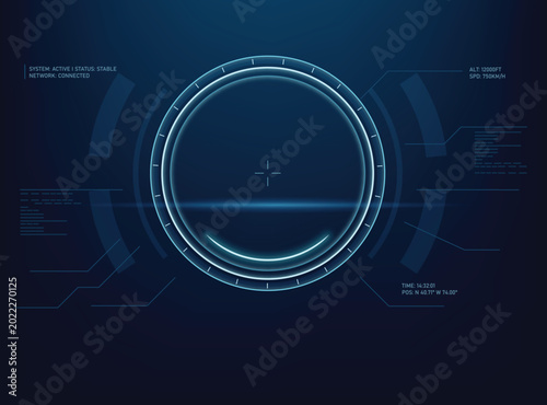 Futuristic blue Head Up Display HUD interface central circular targeting reticle, digital telemetry, and data readouts over a dark grid based background