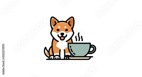 Photos Cute Shiba Inu Dog Sitting Next to a Hot Cup of Coffee Vector Illustration