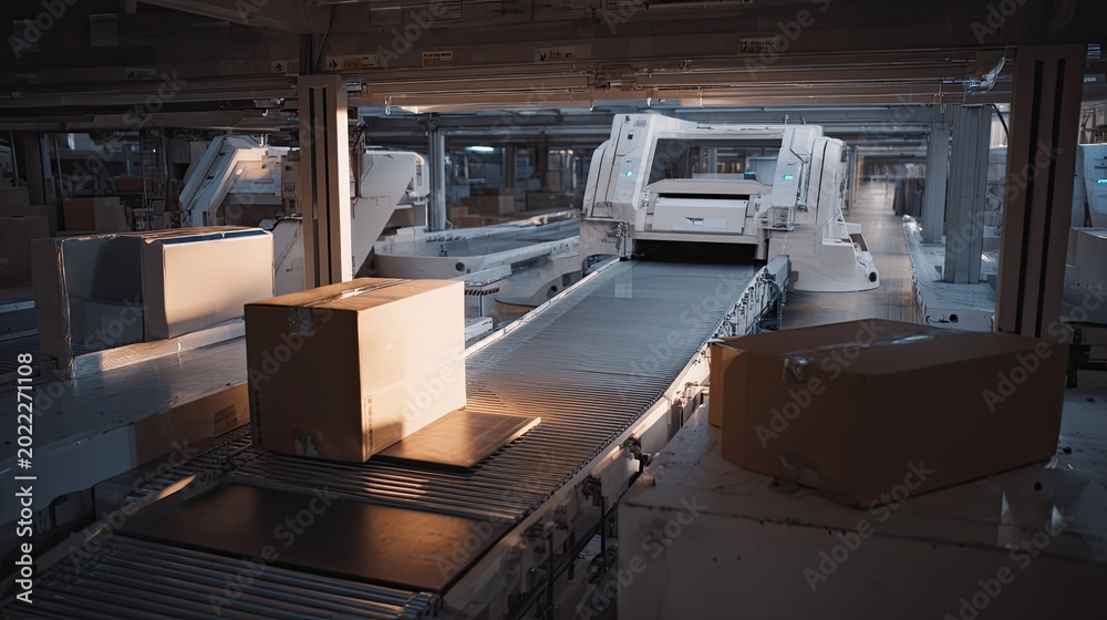 Fototapeta premium Automated robotic system efficiently sorting and moving cardboard packages on a modern conveyor belt in a large scale logistics facility, streamlining order fulfillment processes