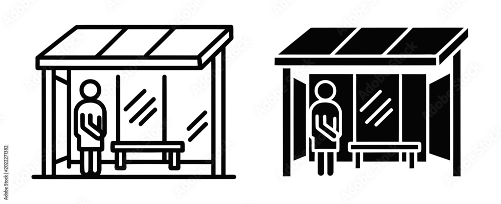 Naklejka premium Bus Stop Icons, Public Transport Shelter, Waiting Area, Urban Transit, City Infrastructure, Transportation Hub