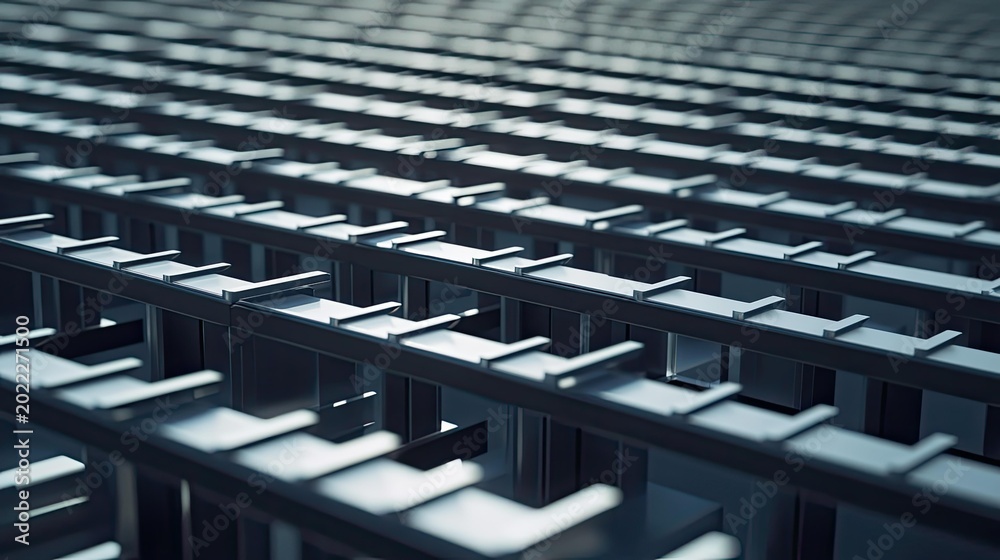 Obraz premium Repeating metallic structures forming a precise and organized grid, representing concepts of technology, data, manufacturing, and future innovation in an abstract digital space