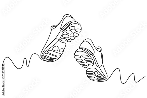Outline illustration of two running shoes in a continuous line style depicting the soles and heels with rhythmic wavy lines of movement athletic shoes sport footwear vector illustration line art