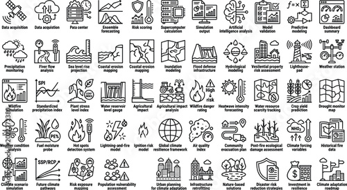 фотографія Climate Adaptation Data Analytics Line Icons Set for Risk Assessment, Forecastin