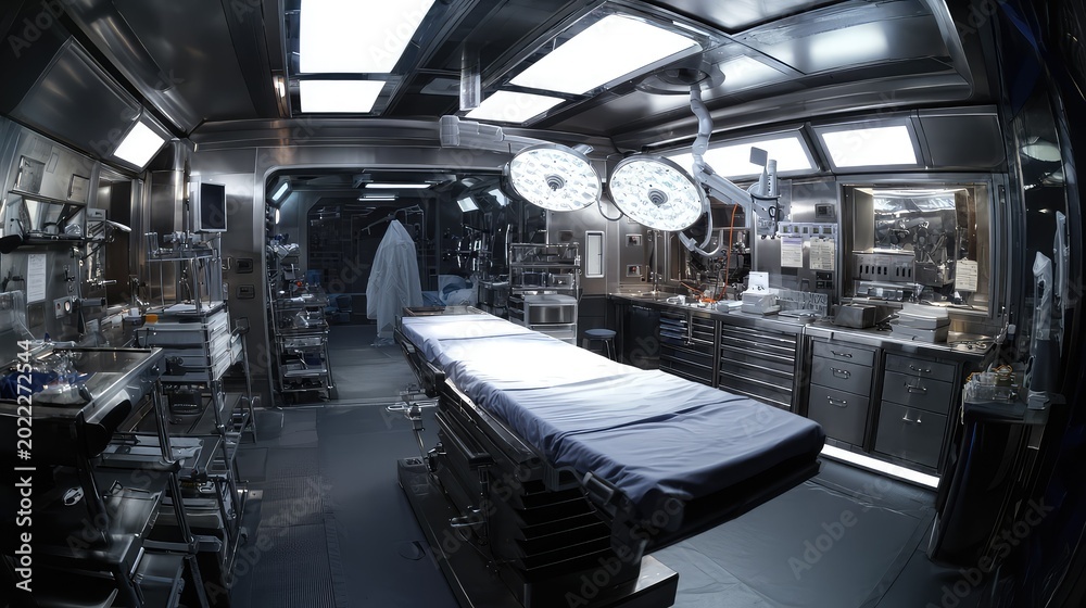 Obraz premium Advanced surgical room providing a sterile and high tech environment for future medical procedures, featuring an operating table and specialized equipment under bright lights