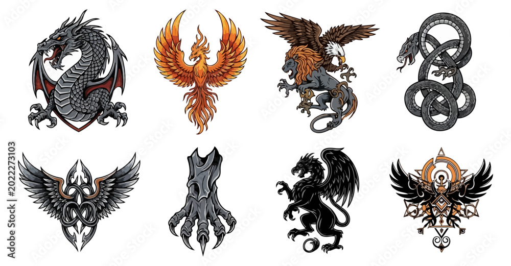 Fototapeta premium Mythological creatures set vector illustrations graphic design elements
