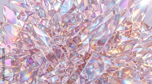 Abstract close-up of sparkling pink and iridescent crystal facets with light refractions, gem cut