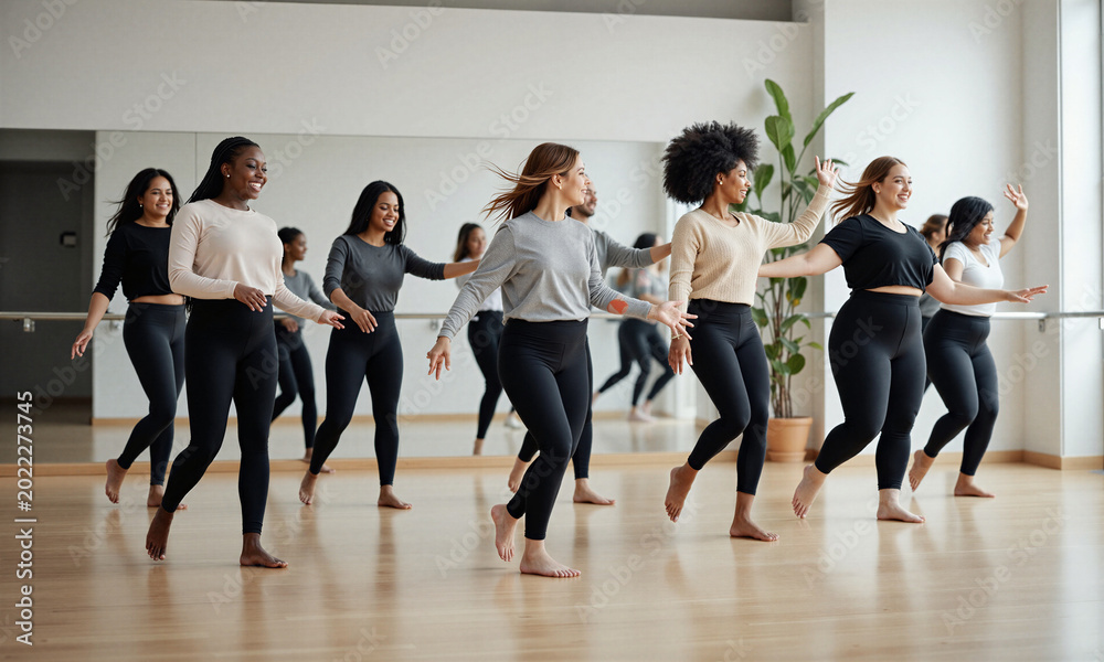 Obraz premium Dance fitness women diverse body types performing a synchronized routine in a bright studio promoting inclusivity and health