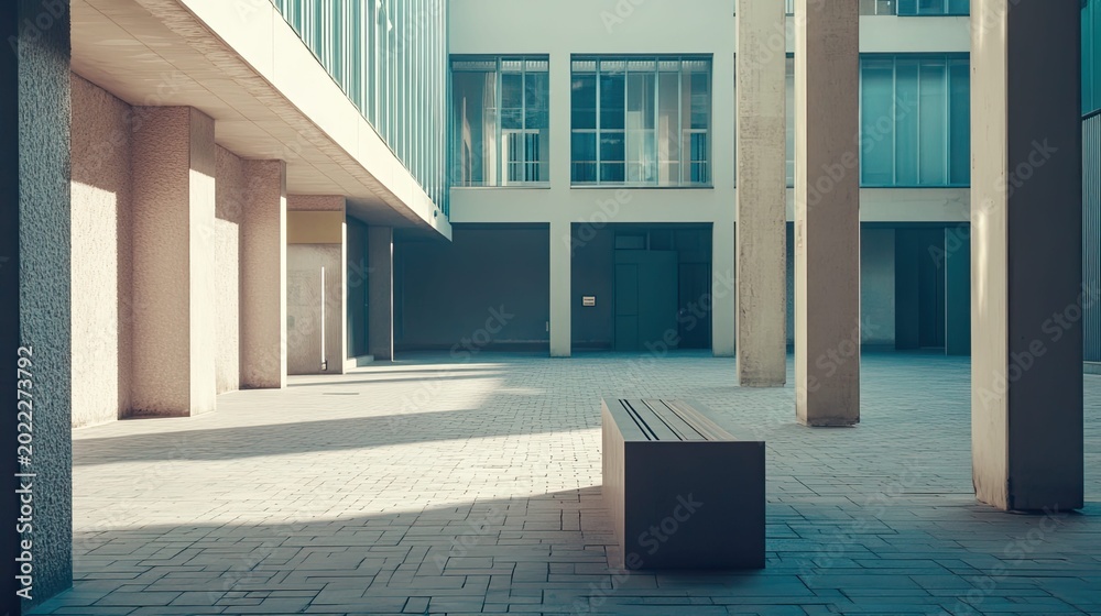 Fototapeta premium Modern architecture creating an urban geometric space, featuring concrete pillars casting long shadows across the textured pavement, with a minimalist bench offering a place for reflection