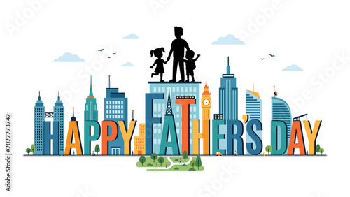Obraz na plátně Happy Father's Day: A vibrant illustration celebrates Father's Day, depicting a father and two children silhouetted against a skyline of iconic city buildings