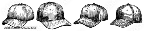 Schilderij op canvas Baseball cap collection from different angles in vintage engraving style