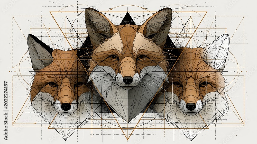 Fototapeta premium Foxes drawn in geometric shapes honored sacredly.