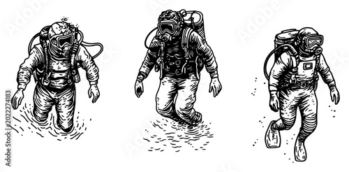 Foto Scuba divers in protective suits for deep sea exploration in vintage engraving s