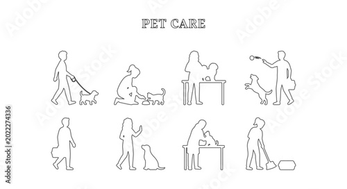 Bild auf Leinwand Minimalist Outline Pet Care Scale Figures, Architectural Line Art Characters for