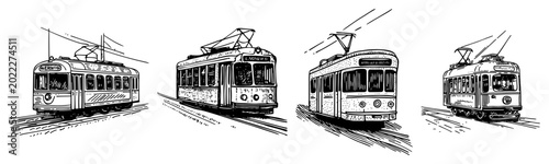 Bild auf Leinwand Vintage city tram and streetcar collection in classic engraving style