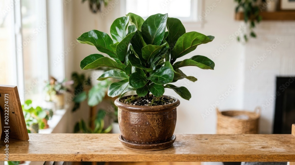Fototapeta premium Small green houseplant in a brown pot sitting on a wooden table illustration