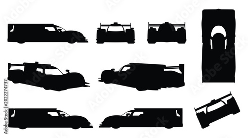 Foto Le Mans Style Prototype Race Car Silhouette Set — Side, Front, Top and Action Vi