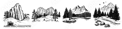 Φωτογραφία Mountain forest landscape with rocky peaks and lake in vintage engraving style