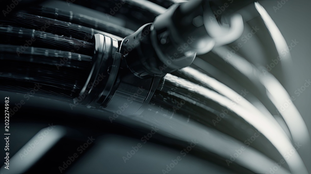 Fototapeta premium Bundled futuristic data and power cables creating a complex network, symbolizing global communication, digital innovation, and advanced industrial infrastructure linking systems and hardware