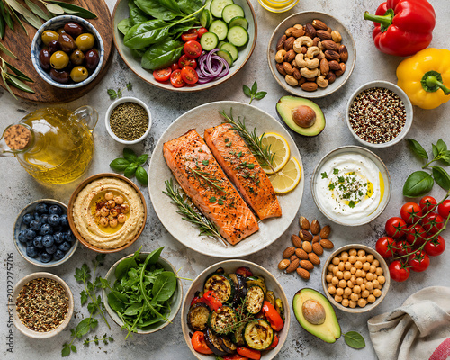 Top view of Mediterranean diet table with olive oil, salmon, nuts, vegetables, and herbs, elegant food styling, ultra realistic, premium healthy living concept.