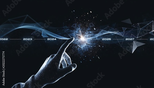 Futuristic digital hand interacting with glowing timeline graph, projecting future years and abstract data points, dark background, blue and white