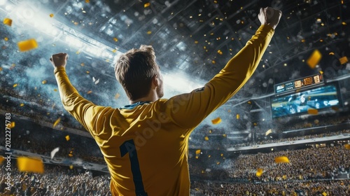 Soccer player in yellow jersey celebrating with confetti