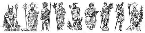 Foto Greek mythological figures and Olympian gods standing in classic engraving style
