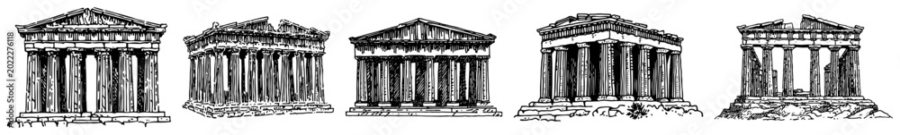 Naklejka premium Ancient Greek temple ruins and Parthenon architecture in vintage engraving style