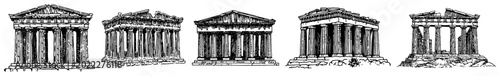Foto Ancient Greek temple ruins and Parthenon architecture in vintage engraving style