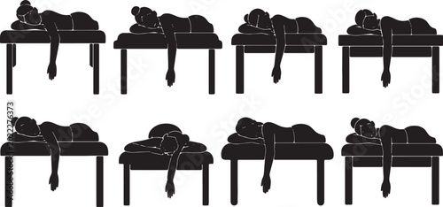 Quadro su tela Black Solid Massage Table Spa Sleeping Silhouettes Set of Six on White Backgroun