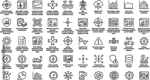 Fotografi Smart grid energy management outline icon set with renewable power forecasting a