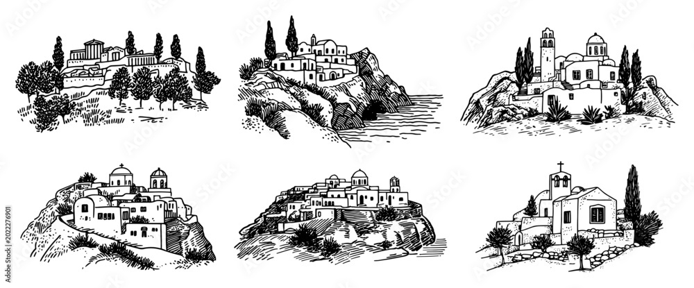 Obraz premium Mediterranean village landscapes and Greek island architecture in detailed engraving style