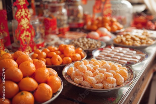 Table Full of Mandarin Oranges and Traditional Chinese Treats