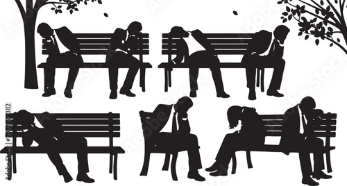 Foto Black Solid Park Bench Lunchbreak Sleeping Silhouettes Set of Six on White Backg
