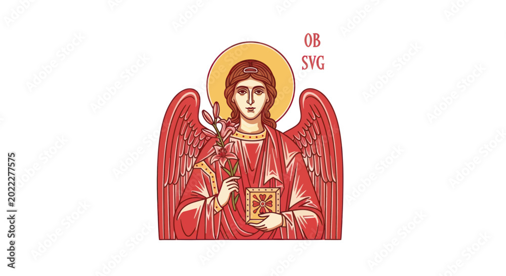 Fototapeta premium Orthodox Angel Icon with Lilies and Cross, Religious Art