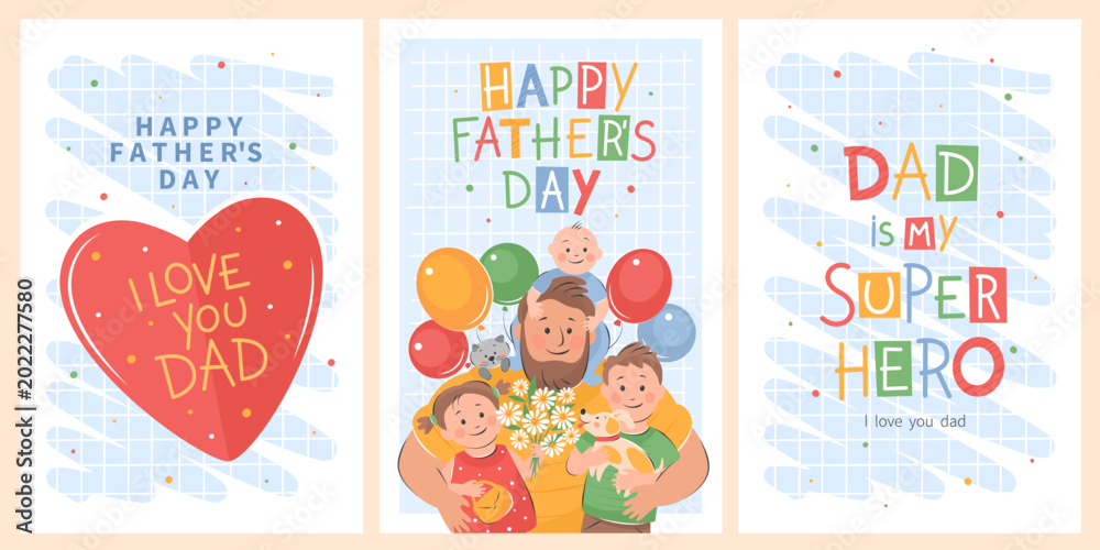 Obraz premium Happy Father's Day cards set with holiday wishes. Vector cute illustrations of dad with children. 