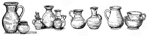 Φωτογραφία Ceramic pottery jugs and ancient style pitchers collection in vintage engraving